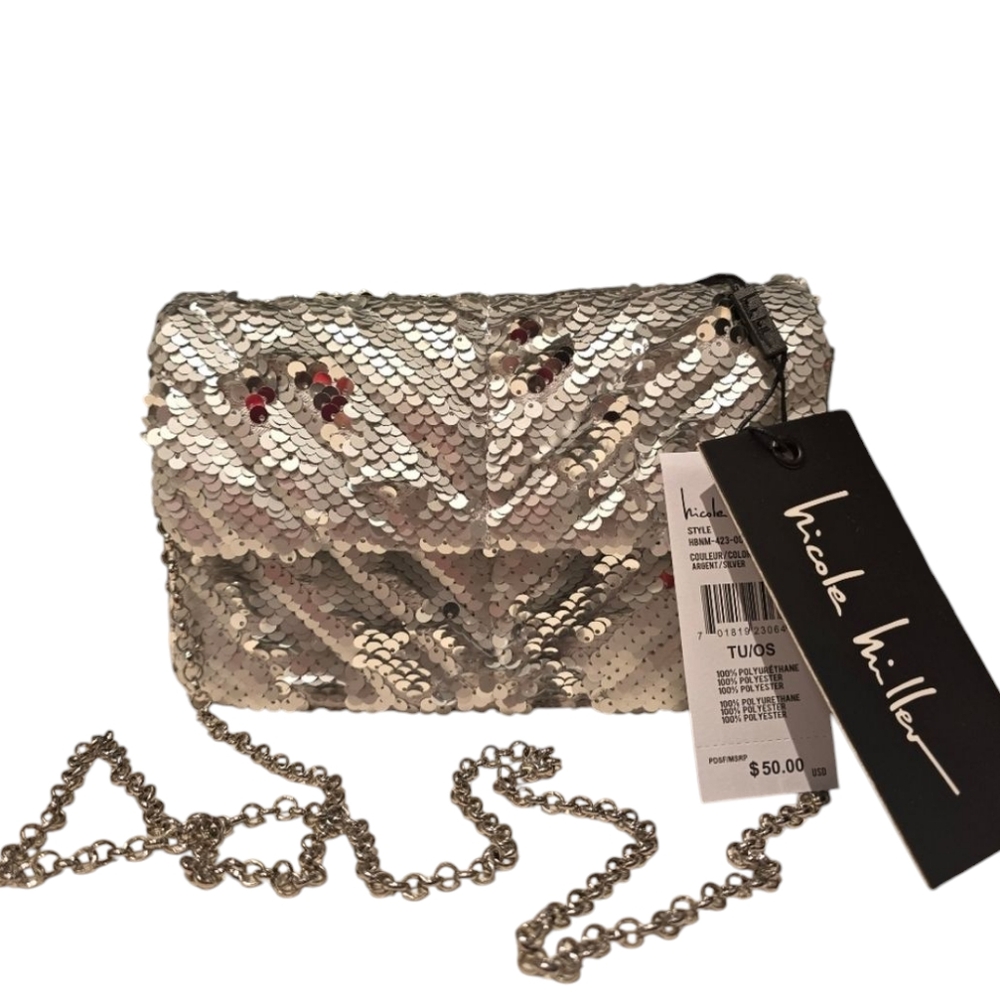 Nicole Miller‎ Silver Sequin Chain Strap Crossbody Small Shoulder Bag Purse